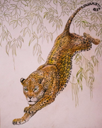 Leopard illustration with leafy branches on a light pink background