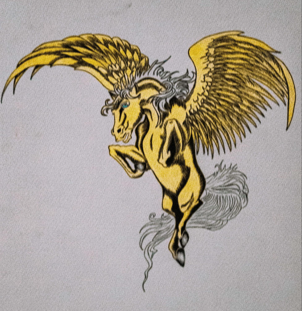 Yellow and black winged creature illustration on a light gray background